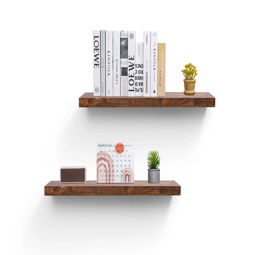 Rustic floating shelves styled with books and plants