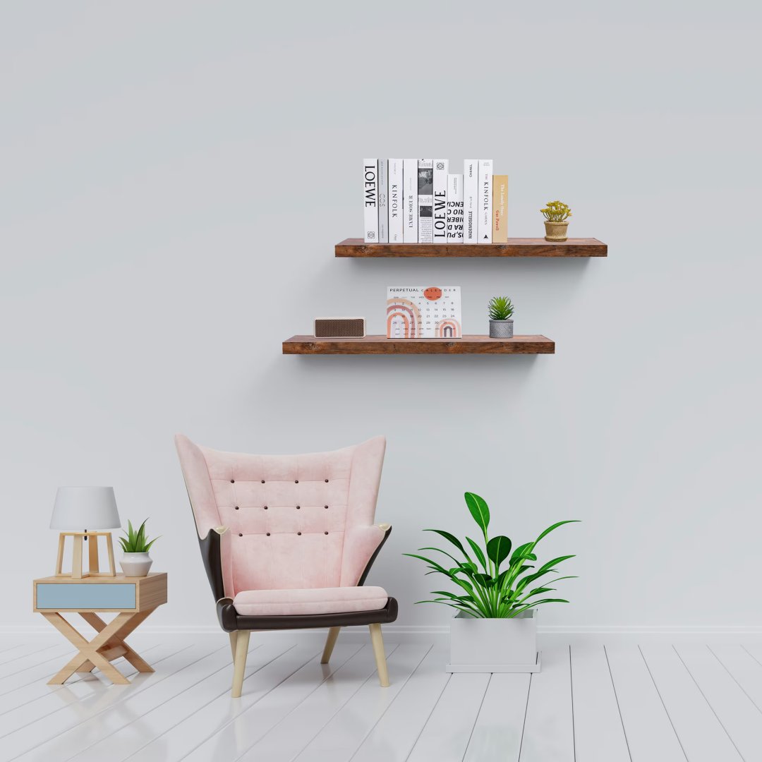 Harlow Home Rustic Floating Wall Shelves in a modern living room
